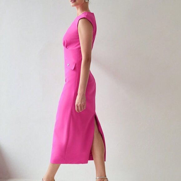 Hot Pink Elegant Women's Flap Detail Split Hem Cap Sleeve Dress - Picture 4 of 7
